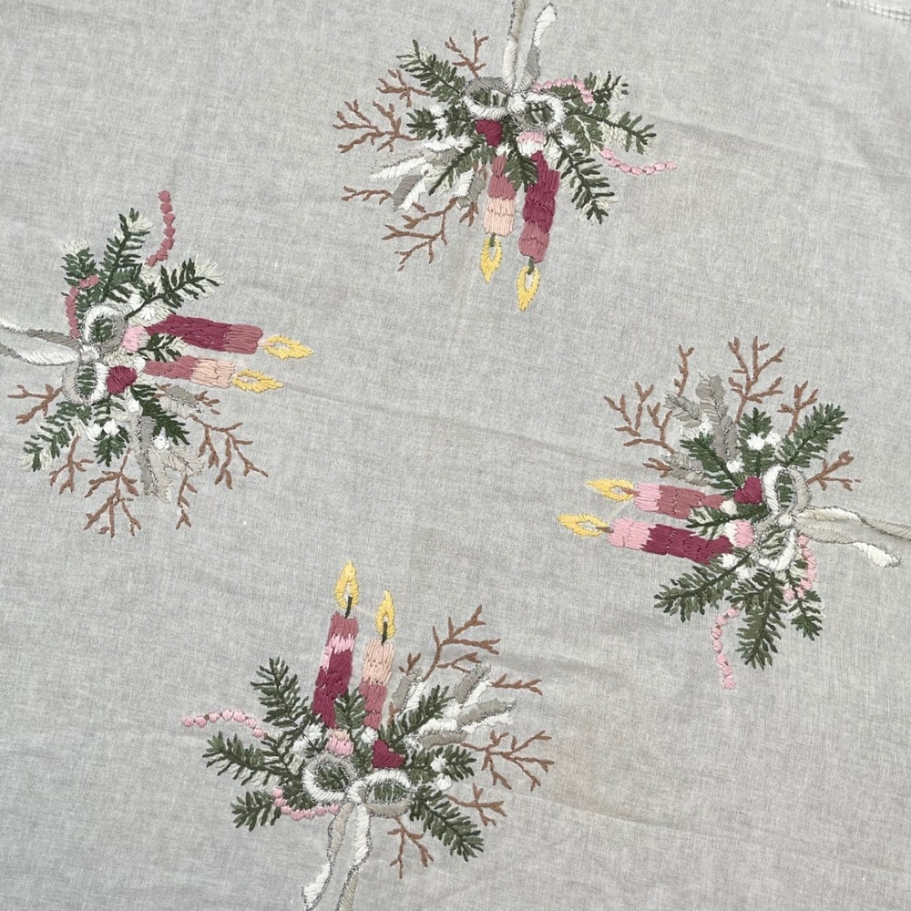 Vintage Embroidered Christmas Candle Dresser Scarf White Cotton Holiday Decor